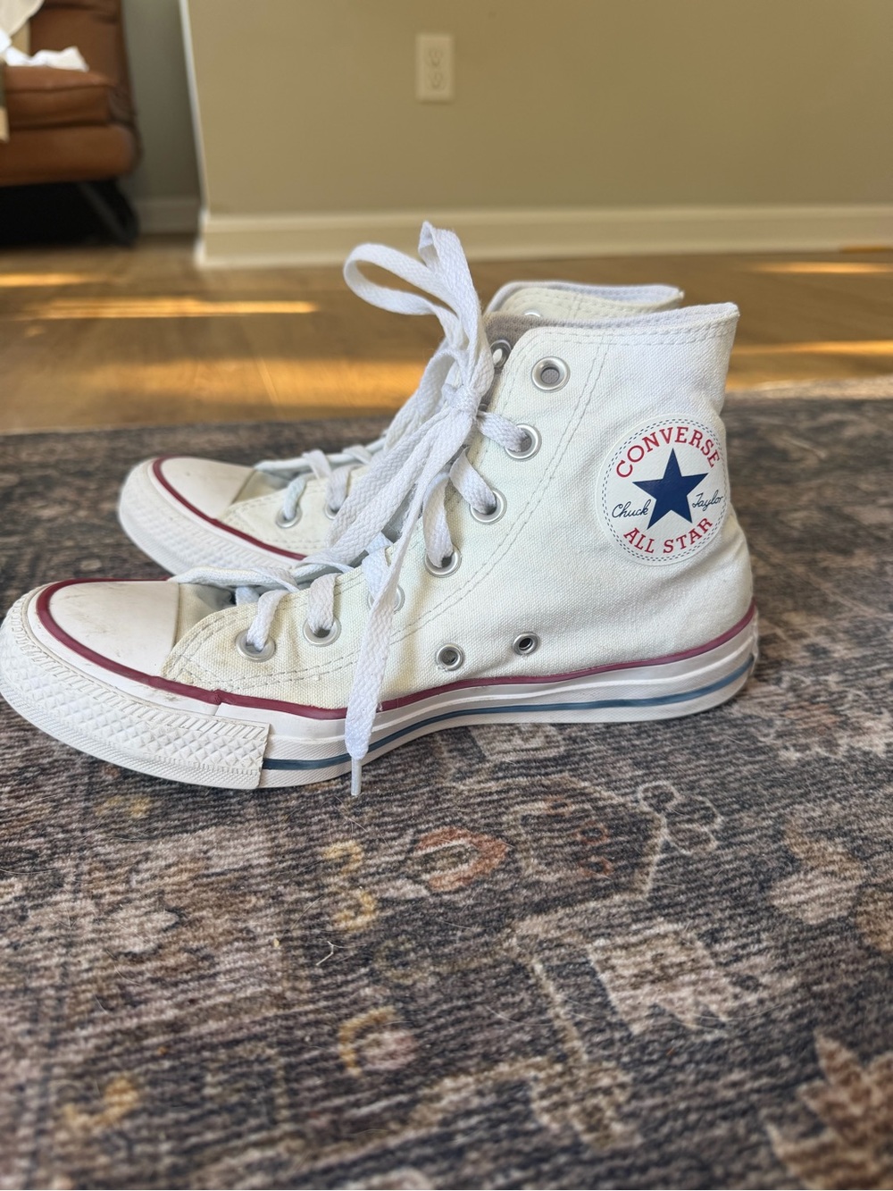 Converse White High Top Sneakers with Red and Blue Accents Youth/Ladies 6.5